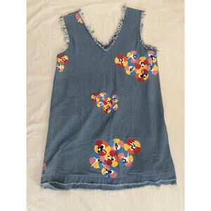 ZIZTAR Frayed Denim Mini Dress – Colorful Dancer Floral Print – Size M